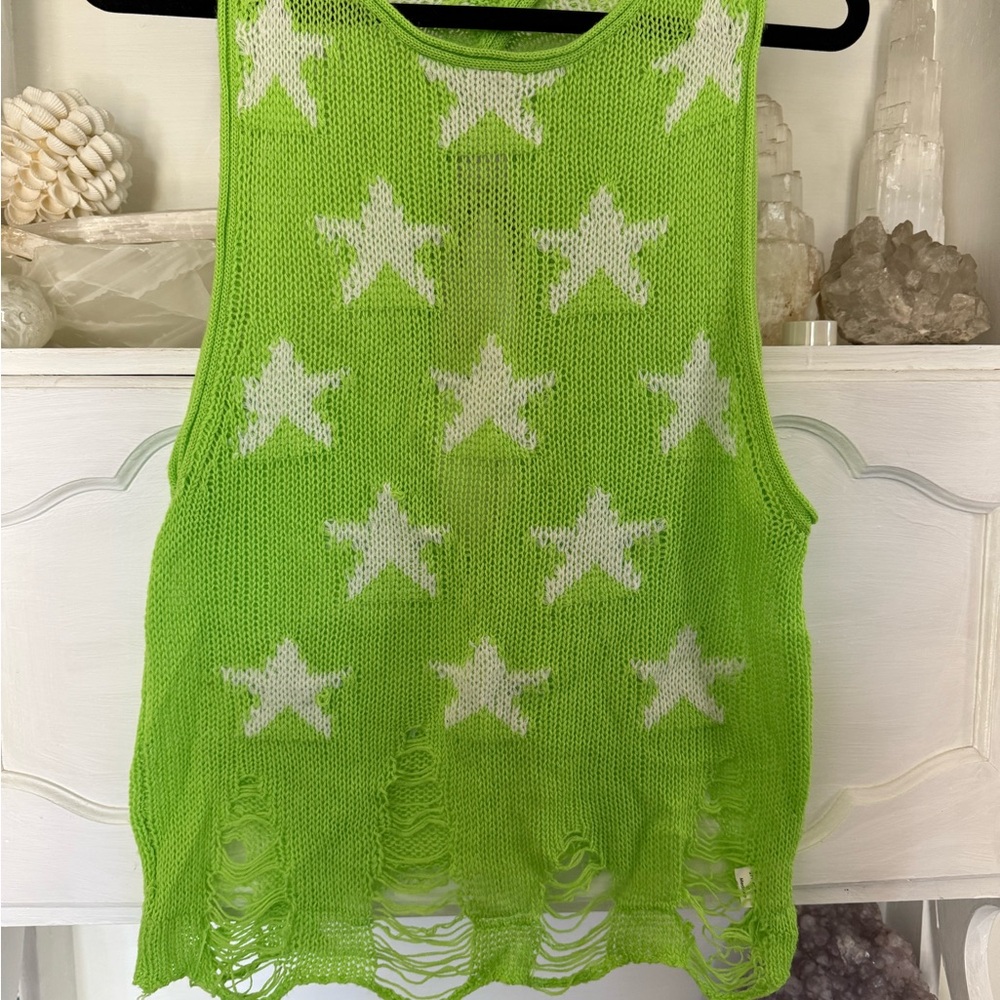 Neon Green Star Knit Tank Top
